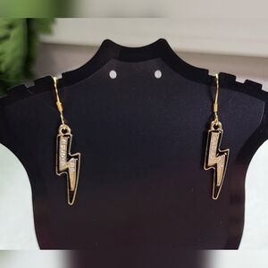 Black Rhinestone Lightning Bolt Statement Dangle Earrings / Pierced